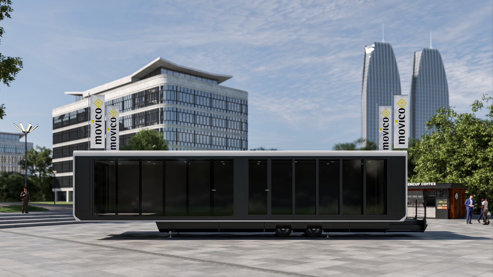 A luxury, modern container with dark frosted windows in front of an office building A luxury, modern container with dark frosted windows in front of an office buiding